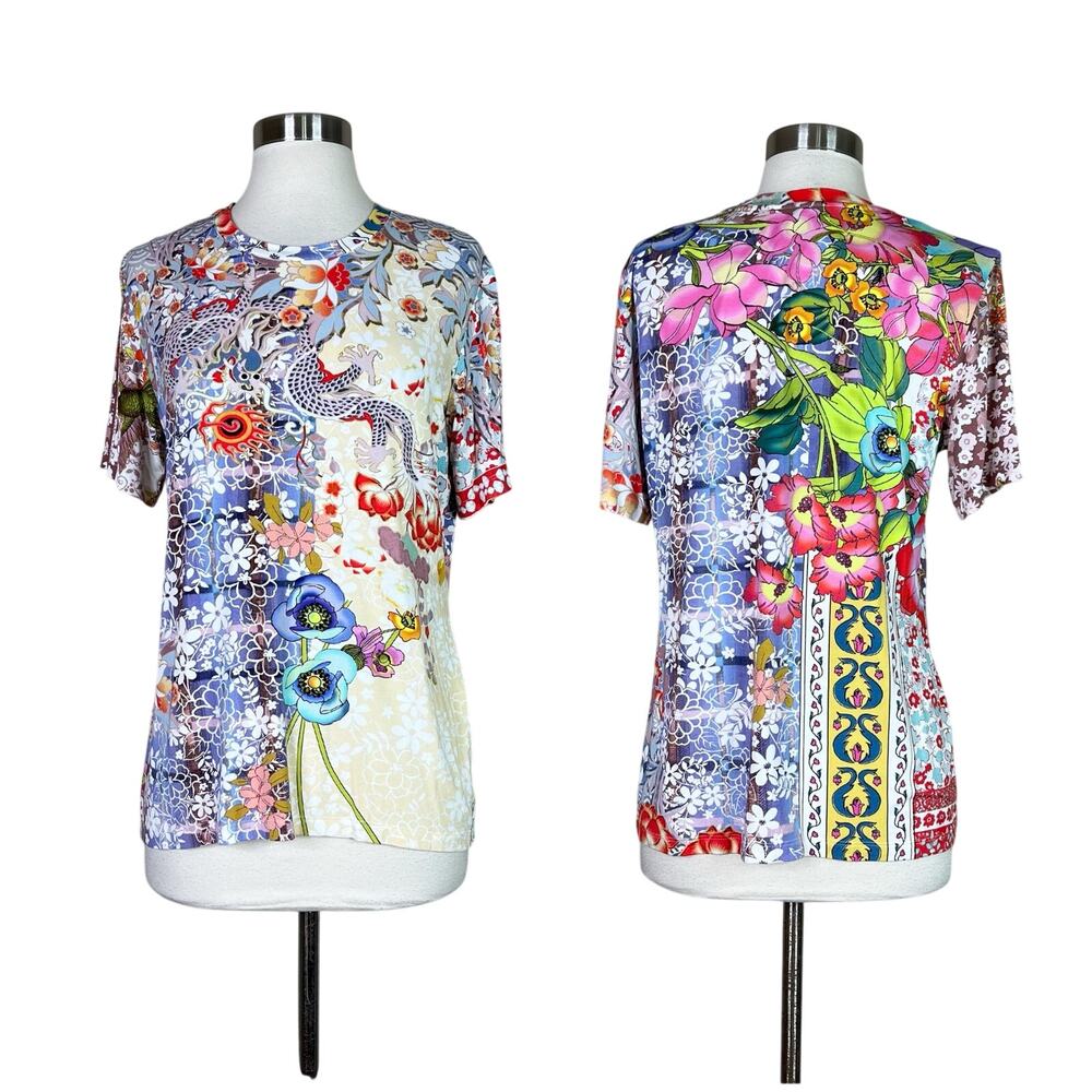 Johnny Was | Dragon Floral Mixed Print Short Sleeve Jersey Tee Multicolor Top XS - Picture 9 of 9